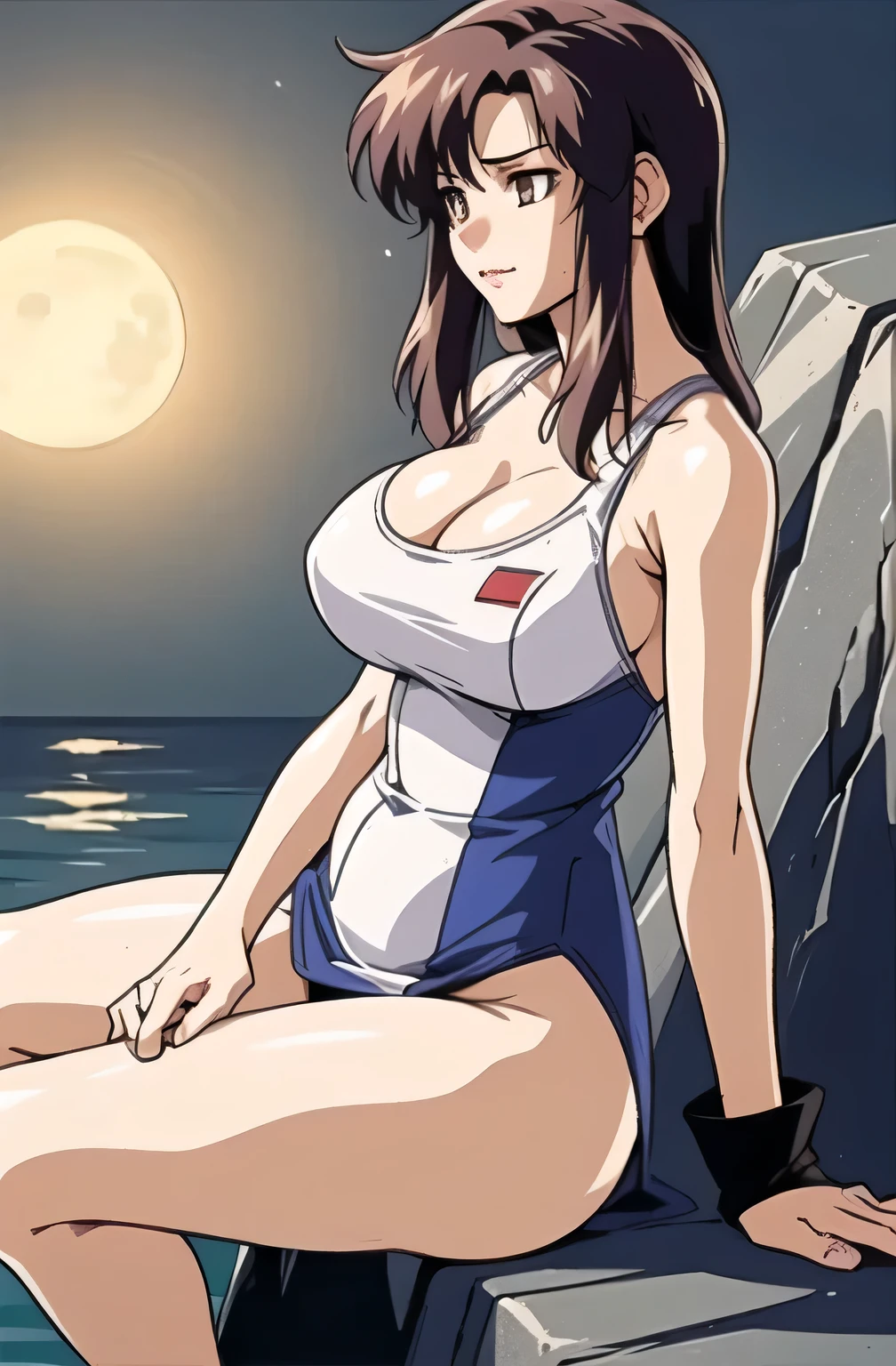 Katsuragi Misato, Brown eyes, Cross Necklace、1 female、nighttime scene、Sexy pose with one knee standing、(Raw photography:1.2)、(Photorealsitic:1.4)、A smile、Textured skin、extremely detailed eye and face、beatiful detailed eyes、二重まぶた、huge filesize、(Increase the beauty of skin texture:1.1)、hight resolution、highlydetailed skin、top-quality、8k wallpaper、电影灯光、large boob,Seductive underwear、Open legs、The chest is visible、 Spread your legs、Spread your crotch、Persistent stare, Sharp eyes, sexy langeries