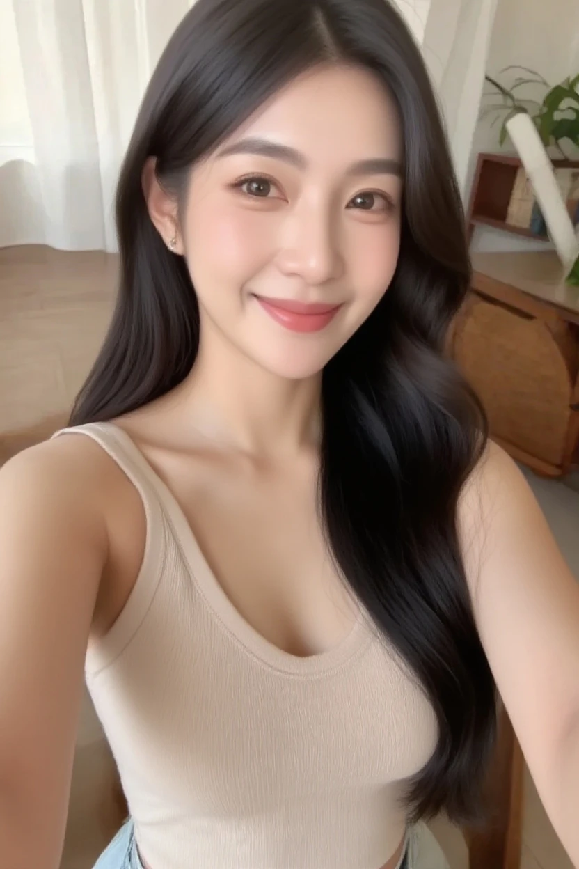 (best quality,8k,highres,masterpiece:1.2), realistic, photorealistic:1.37, UHD, studio lighting, sharp focus, extreme detail description, professional, vivid colors, bokeh, portraits, extremely detailed face texture, beautiful detailed eyes, beautiful detailed lips, extremely detailed hair, dark colored hair, youthful appearance, big round breast, cleavage, proportional eyes, seducing smile, clean and natural face, no makeup, bare face, indonesian face,