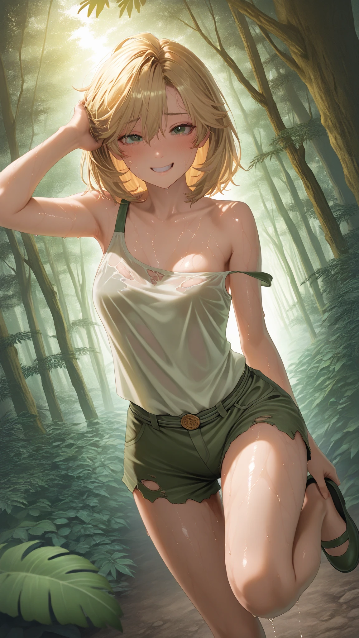 sfw,Girl with blonde hair and freckles,Girl swiming In The forest's river,1girl in,Blonde hair,Side tail,offcial art,Unity 8k,ultra-detailliert,Beautiful and aesthetic,masutepiece,top-quality,dynamic ungle,cowboyshot,Timost Beautiful Chaos Formo,Elegant,Abralist Design,vivd colour,romanticism,watercolor paiting, bra,((underwear))