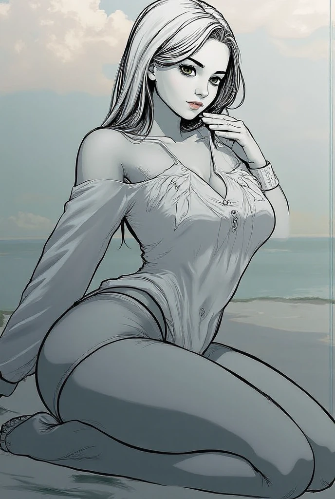 (masterpiece), 1girl, solo, best quality, expressive eyes, perfect face, retro artstyle, (white skin), very long hair, (forehead), messy hair, black hair, large breasts, slim body, young woman BREAK :o, black bikini, lineart, (greyscale, monochrome), (white skin), looking at viewer, blue eyes, beach, outdoors, ocean, sitting on rock