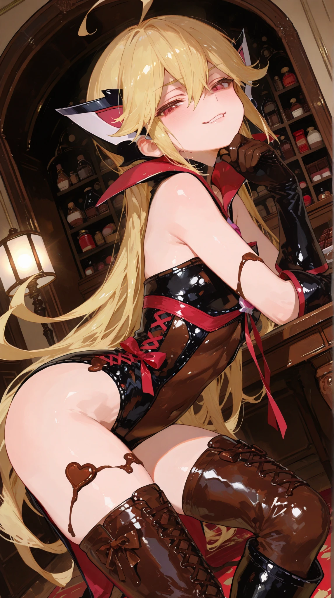 High resolution, Very detailed, perfect lighting, beautiful detailed eyes, ((masterpiece,Best Quality)), absurdities, alone, princess zelda, by the width, crown braid, Hair clip, pointy ears, pink corset, Gloves without fingers, black gloves, black thong with lace, smile, curves, nod, , deep neckline, deep neckline, bare breasts, bare breasts, NSFW, visible nipples, visible nipples, pink corset, Session, Session, view from behind, view from behind, black thong with lace, touching her breasts in a sexy way, touching her breasts in a sexy way, view from behind 