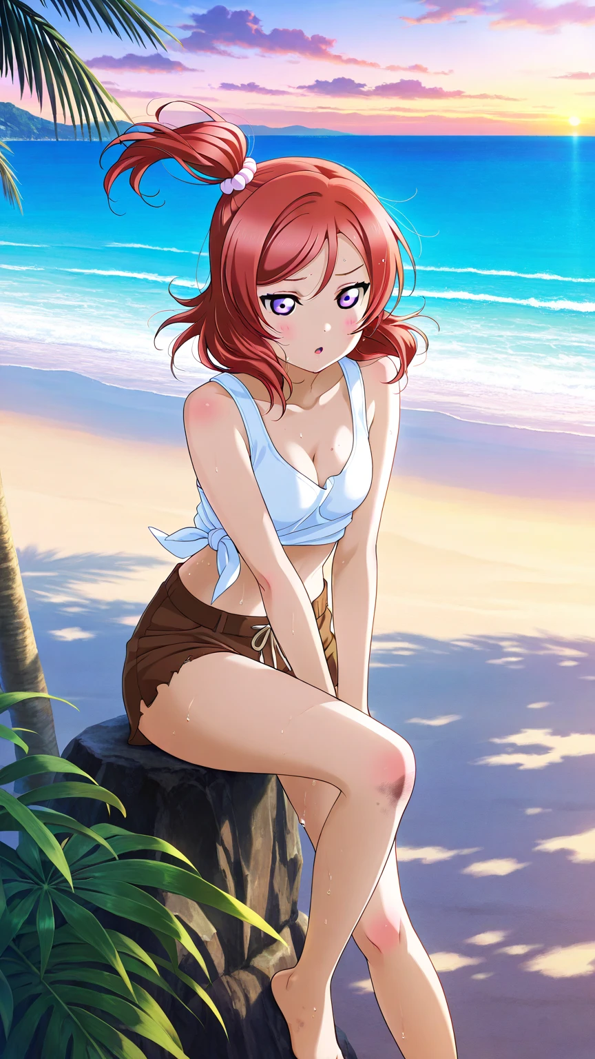 masterpiece, best quality,solo, nishikino maki,red medium hair, detailed eyes,purple eyes, green top, cleavage,side , nile river, palm tree, jeans shorts, shiny stars , cute smile