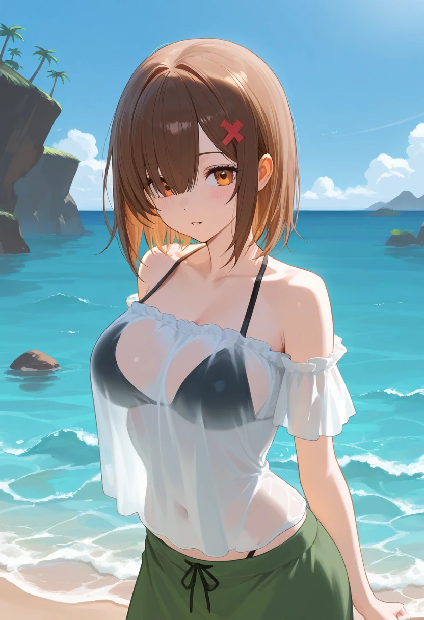 Tabletop, highest quality, Photorealistic, In detail, High resolution, 8k wallpaper, Perfect dynamic composition, Beautiful fine details, Medium Hair, Big ample breasts, ランダムでSexy pose,Put your chest together、(Open Chest Mock Neck Crop Tank Top White Knitwear、The cleavage looks realistic)、(Breast Swelling 1.2)、Laughter、Open your mouth、Resort scenery、Age 25、(Droopy Eyes 1.4)、Adult Beauty、Japanese、Show me your armpits、Raise your arms、Sexy pose