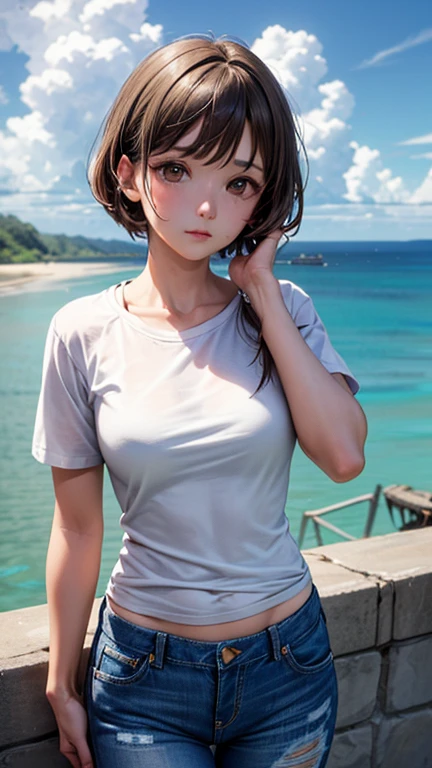New boy, wearing denim overalls, bunny ears, lovely gaze, at beach, overcast day, best qualityer, anime styling