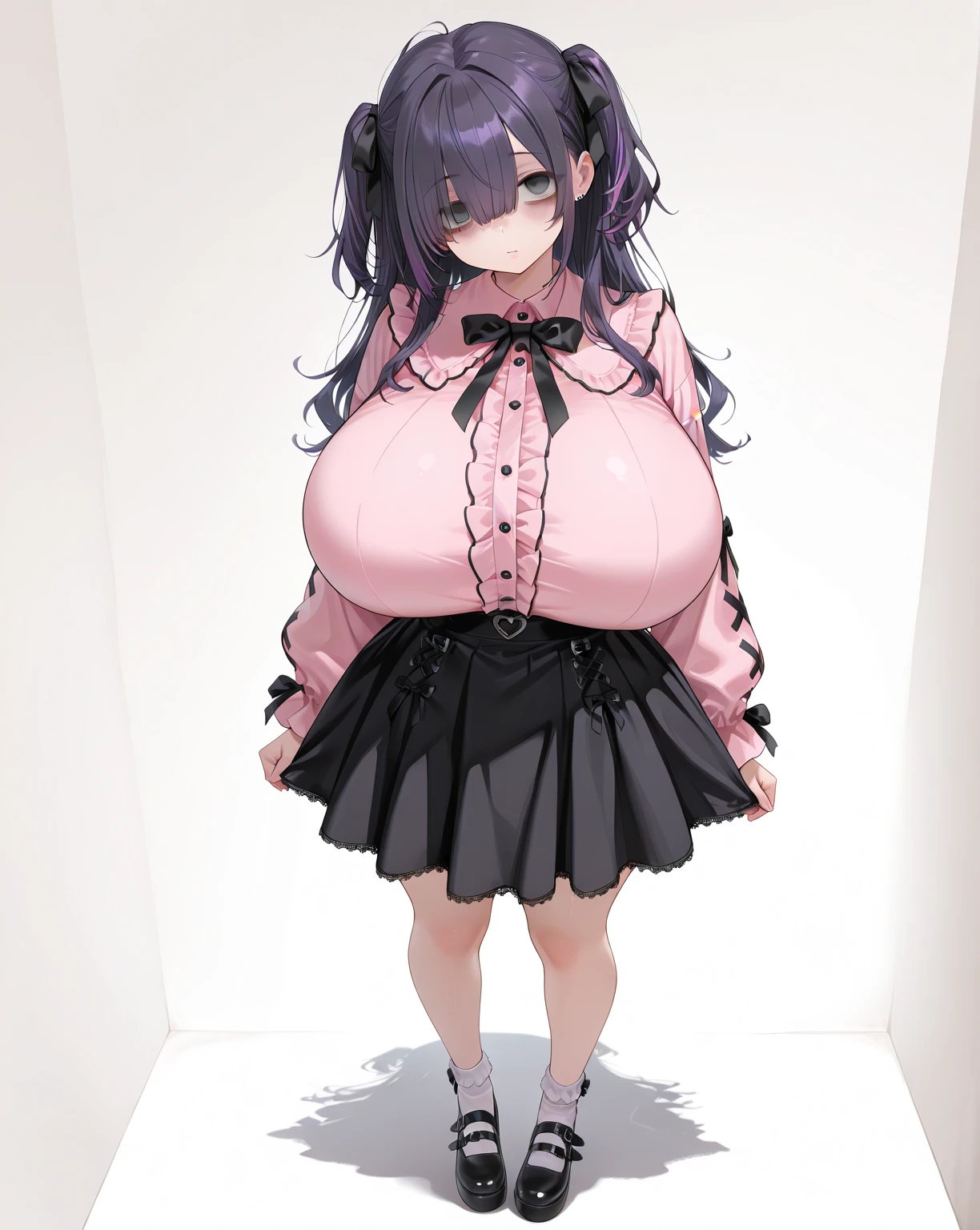 black hair, female, twin drills, solo, smol, pink eyes, massive breasts, very long hair, wear plain white sweater and pink skirt, masterpiece, ultra high quality