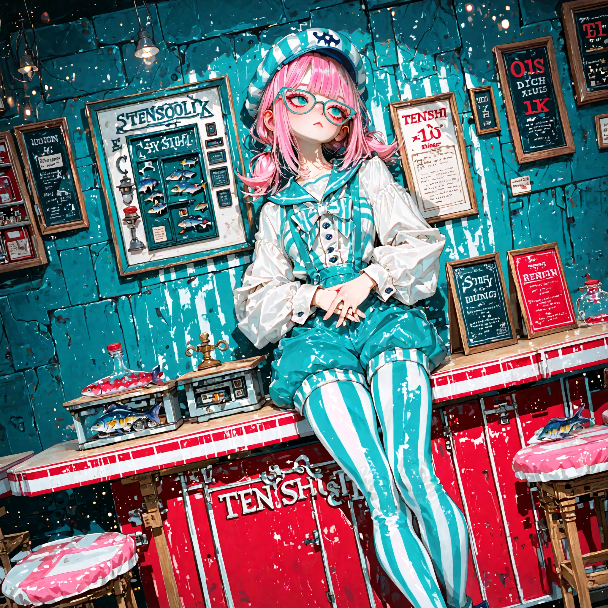 (((face, portrait, face focus,))) (eye focus,) ((atmospheric)) fixed perspective, Dutch angle, straight-on, standing against wall, hands clasped over stomach, (((head tilt,))) head back, lips parted, pout, curious distracted expression, looking away, bored stiff posture, 1 woman, blue sailor hat, aqua eyes, (((tareme, aegyo sal, eyeshadow under eyes,))) flipped sidelocks, blunt bangs, (((pink low twintails, short twintails, pink hair))), (blue square glasses), blue suspenders, white dress shirt, puffy shorts, ((aqua white striped tights)), blue mary janes, (((tenshi kaiwai fashion))), detailed face, detailed eyes, ((long legs, mature, adult, long torso,)) masterpiece, best quality, cinematic lighting, highly detailed, details, ultra quality, HDR, 8k, ((bokeh)), ((amazing composition,)) (((score 10,))) ((loaded interior)), [red accents], (((rundown retro blue white striped fish-motif diner, stools, counter, wall art, booths, tables, pickled herring, menu,))) cash register, old splintery wooden spruce floor, ((blue dim lighting, uplighting, dark, darkness, saturated shade))