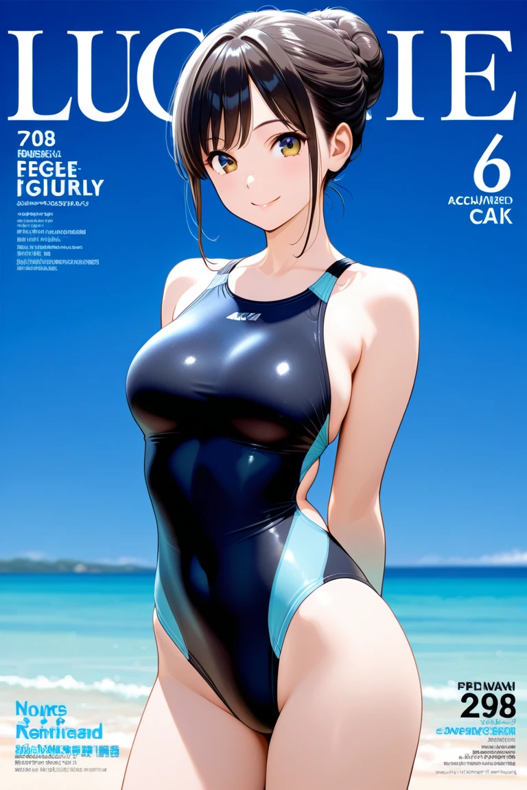 (Masterpiece, best quality), 1girl, brown hair, curly hair, caucasian, hazel eyes, blue school swimsuit, one piece swimsuit, standing, pose
