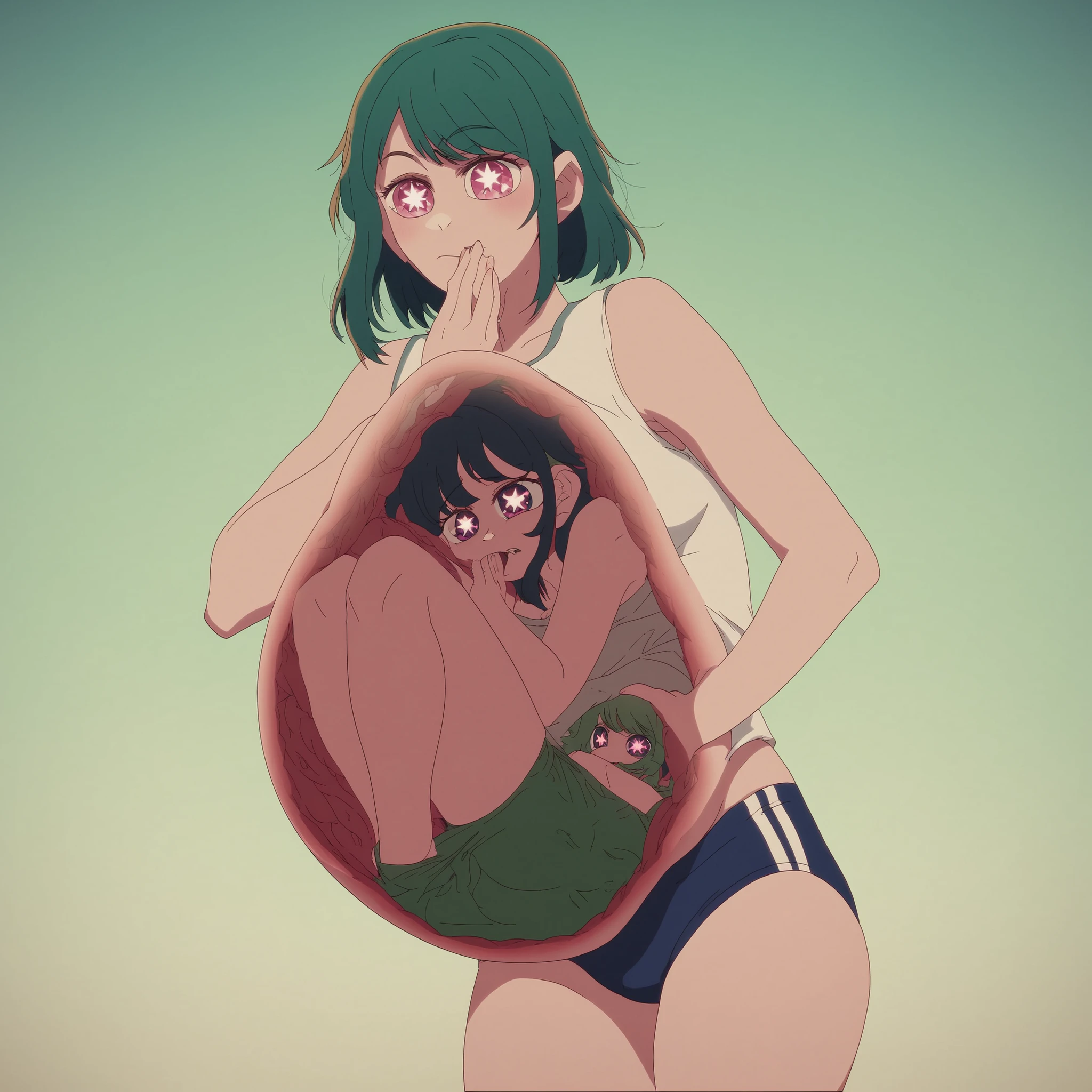 A person trapped inside of Ai loserfruits belly. X ray vore. burping, very detailed, her stinky breathe from the burp, a visible burp, a ranchy burp, she stares at the viewer as she burps, she has 6 pointed star pupils, detailed star pupils, Accurate, Textured Skin, their hair is down, a green cloud of burp coming from her mouth, detailed prey, bones inside belly