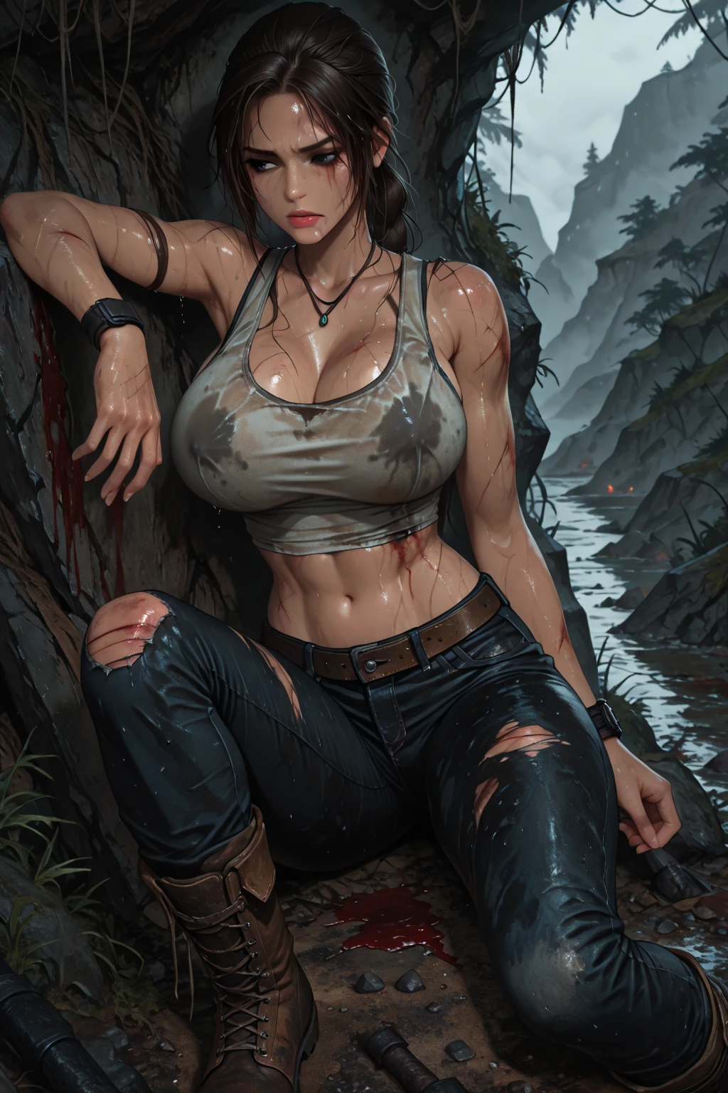 (Best quality, 4k, Masterpiece :1.3), beautiful African woman, hyper realistic, 1girl, (massive breasts, attractive body :1.2), sit-ups :1.1, dark brown hair: 1.1, (wet rainy, wet by rain, wet body :1.2), ultra-detailed face, detailed lips, detailed eyes, double eyelid, ((short shorts torn, paint running down the breasts)), hanging breasts, side pose, visible curves, ghost town, standing with abandoned building behind, transparent mantle