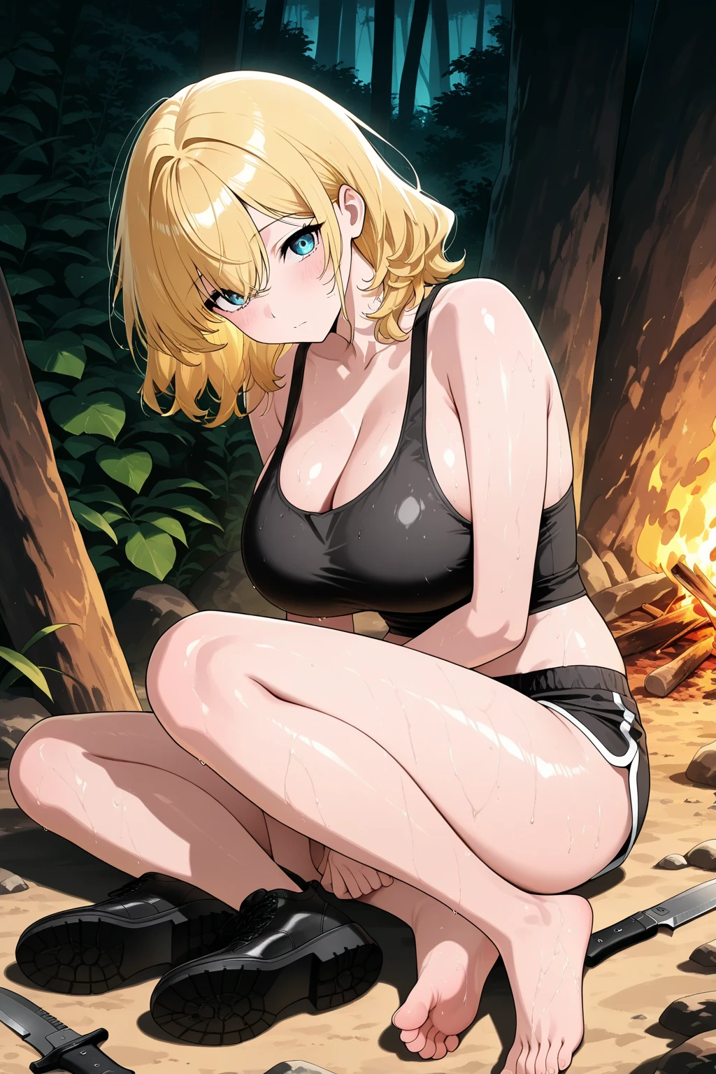 best quality, high resolution, large breasts, blonde hair, blush, embarrassed, cowboy shot, looking at viewer, bowsette, pink lip, (into the volcano), (bathing in lava), sexy legs, black lingerie,