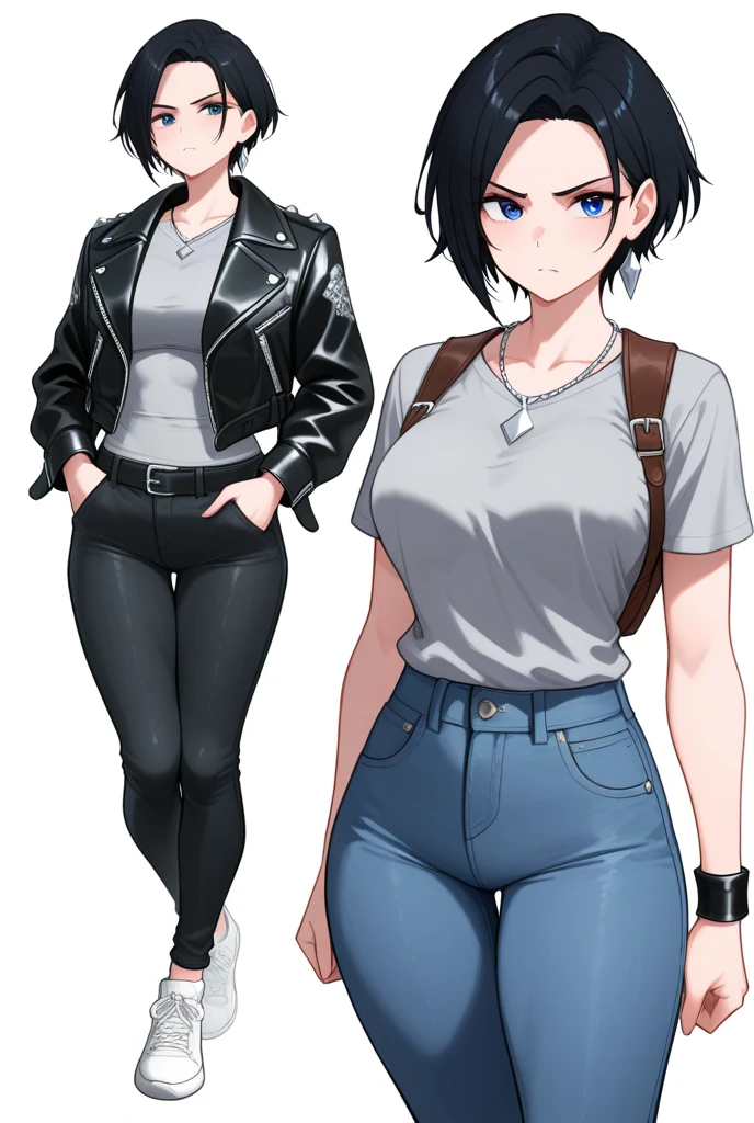 1woman, 1girl, solo woman, 1 person, single person, woman with a black baggy shirt and blue jeans, full body portrait, girl fanart, !!full body portrait!!, fullbody portrait, full body character portrait, full-body character portrait, detailed full body portrait, character full body portrait, full body illustration, anime full body illustration, anime style character, short brown hair, combat boots, green eyes, Black sweater, freckles, hoop earings, loose sweater, baggy sweater, color black, ((Oversized sweater)) ((no item in hands)) ((Black sweater)) ((Black clothing)) ((BROWN HAIR)) ((SHORT HAIR)) ((LEWD)) ((naughty)) ((Showing skin)) ((jeans)) ((Showing chest))