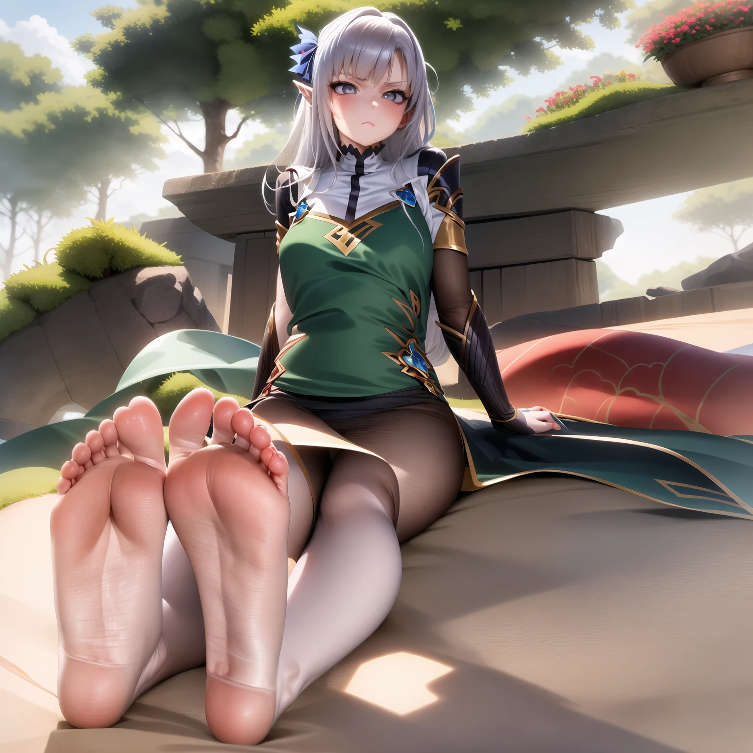 Fraction_9,Fraction_8_Direction_7_up,1 Girl,foot,Gloves,Crystal Slippers,Sole,Green Eyes,赤foot,Pointed ears,breast,Solitary,Long hair,White tights,White hair,black Gloves,foot趾,foot部焦点,Looking at the audience,sit,Sweat,Open your mouth,foot,Keep,outdoor,sky空,Bangs,sky,Smile,blush,shorten,sun,射在foot上,Shoot in the shoe