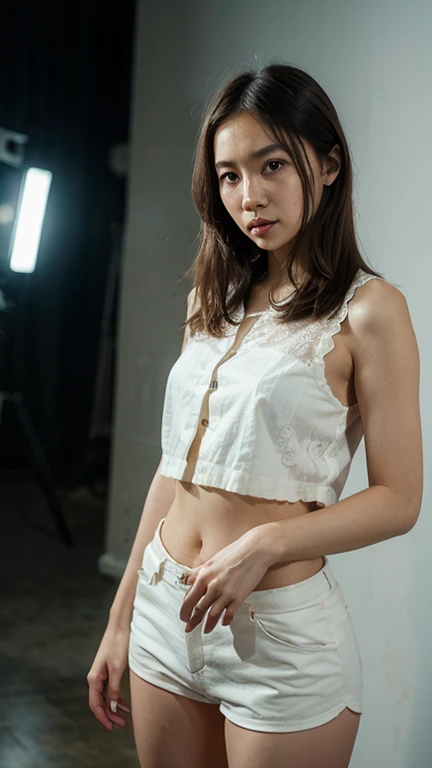 A boldly composed photograph of a Japanese woman that looks like it was taken by a famous artistic photographer, (((Blockbuster art photography)), (8k, Highest quality). A stunning composition using a model with excellent proportions. Perfect beauty model with a confident and balanced appearance, ((Highest quality質)), ((masterpiece)), (Familiar:1.4), ((Highest quality質のリアルな写真)), ((Shot with Hasselblad)), ((Best photo quality)), Beautiful womanの画像,Super Resolution,Slim and perfectly proportioned, Beautiful woman, ((Highest quality質, 8k, masterpiece: 1.3)), Beautiful woman, 1 female, Slim figure: 1.1, Perfect beauty, 20-year-old, (Realistic: 1.4), Ahegao, Shining Sweat, thin, Art photo composition with space around the woman, See through, (((Filming in a spacious studio))), (((The background is only gray and there is nothing.))), Full body photo, Anatomically correct hand, Anatomically correct legs, anatomically correct whole body, Marble room, White T-shirt and hot pants. Cowboy Shot, (((Holding your crotch with your hand))). Spread your legs, drinking beer,