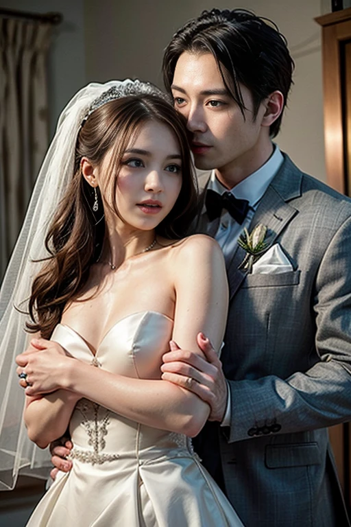 professional wedding photography, (Masterpiece), (intriciate detail), (photorealestic:1.3), (film grain:1.3), (perfect anatomia:1.3), break, on the deck of a luxury cruise ship, background of Santorini island, break, a romantic photoshoot of a handsome man and cute woman couple, wearing elegant outfits