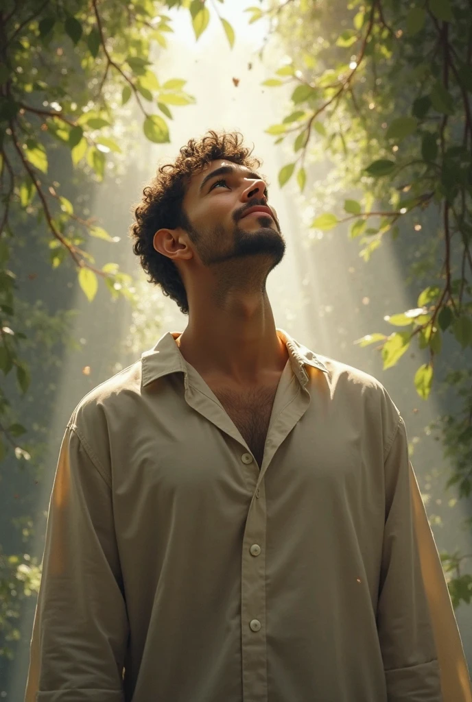 hyper realistic and high definition image of Adam standing looking at the blurred tree of knowledge in the background,