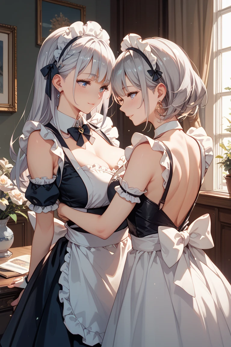 (Best quality, 8k, 32k, Masterpiece, UHD,:1.2),RAW, 2girls,ultra cute , natural lighting,transparent shining eyes, 20yo,medium breast ,fair complexion ,long White hair, flushed face, maid Costume, , From Below, Closeup shot,blush, embarrassed, Dynamic angle, hug,