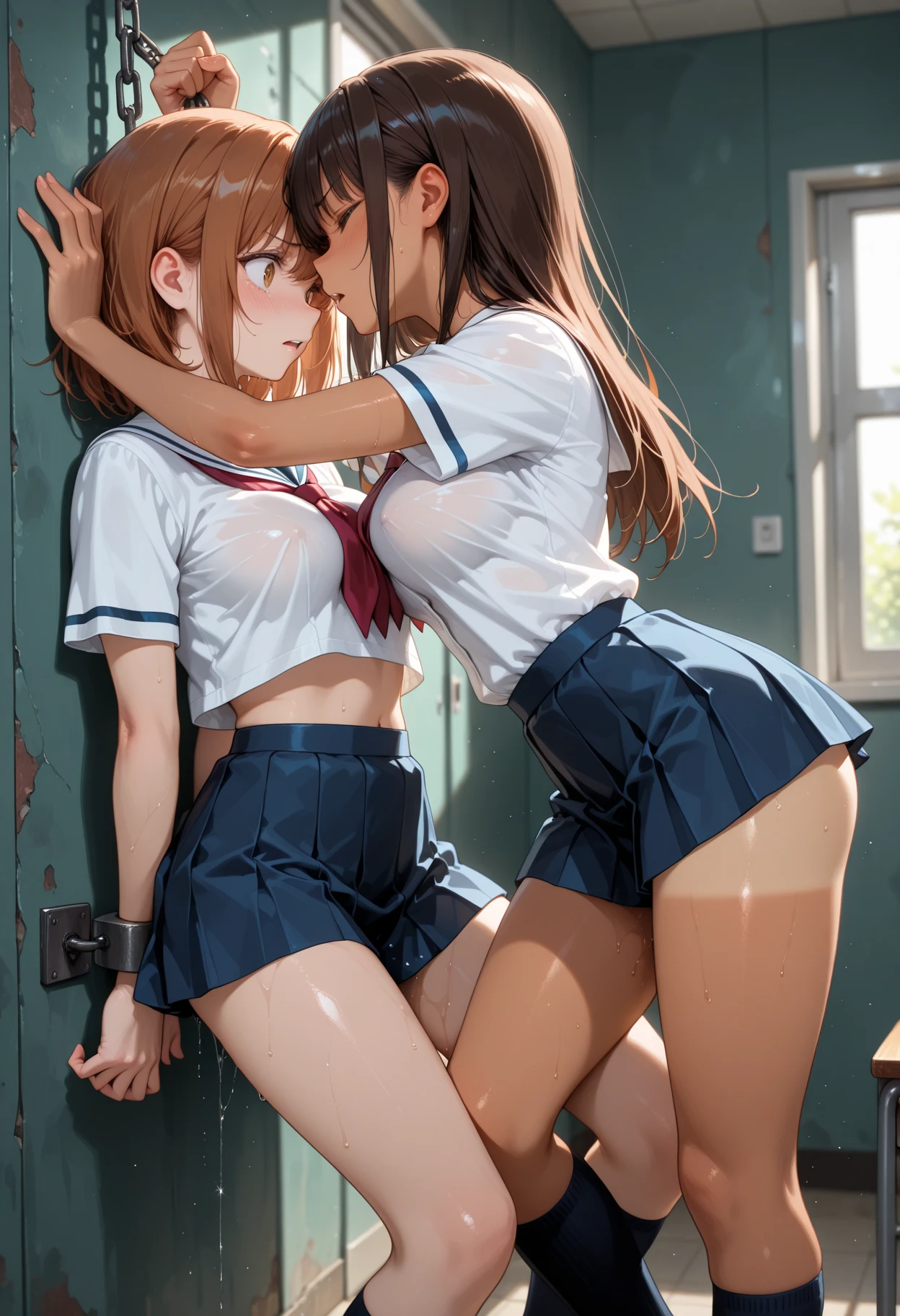 {{{masterpiece}}}, {{{best quality}}}, {{ultra-detailed}}, {illustration}, {{an extremely delicate and beautiful}}, (beautiful detailed eyes:1.6), extremely detailed face, 16k, visual anime de uma jovem mulher, extremamente bonito rosto de anime, anime melhor garota, anime face, NSFW, Mizuhara Chizuru(Rent-A-Girlfriend), chizuru ichinose, aachizuru, cute face, long hair, bangs, brown hair, (brown eyes:1.5), (one side up:1.8), braid, hair braid, medium breasts, thin waist, big hips, curvaceous, BREAK, neck ribbon, red ribbon, pink shirt, short sleeves, puffy sleeves, puffy short sleeves, white collar, mini skirt, pleated skirt, white skirt, barefoot, red high heels, BREAK, NSFW, (SEX:1.5),{{{penis into pussy}}}, 1boy,1girl, nude, completely nude, sex, hetero, on bed, {{{lie on sides}}}, spooning, sex from behind, on side, spread legs, pussy, penis, vaginal penis, uncensored