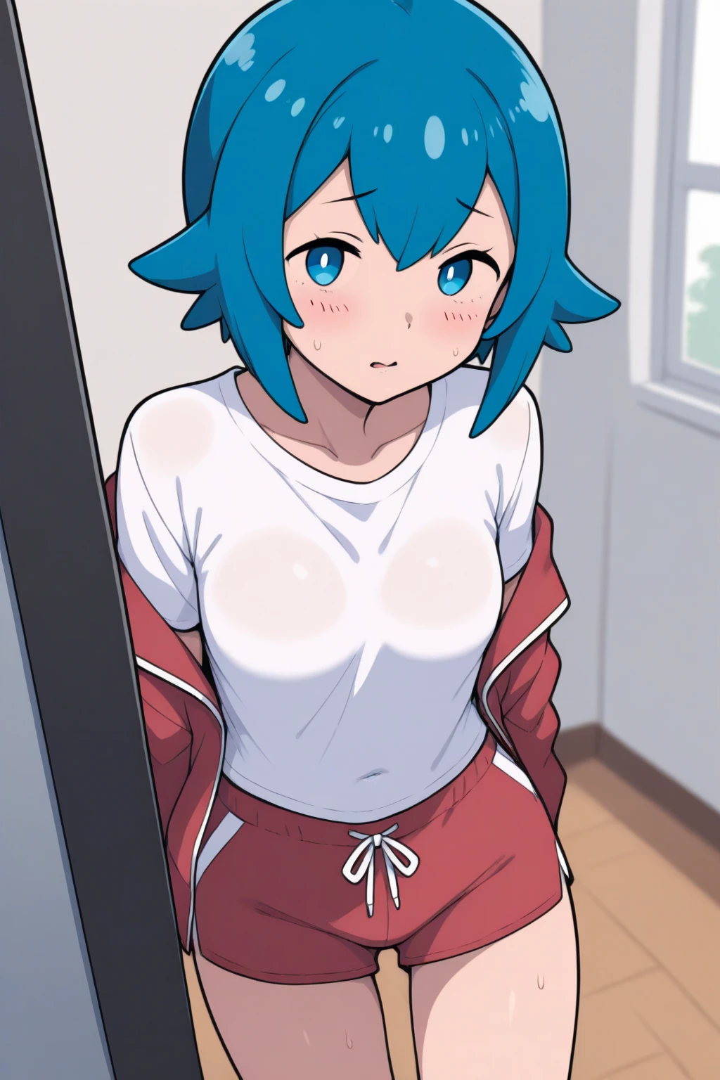 (masterpiece), best quality, expressive eyes, perfect face, young lady, blue hair, ponytail, blue eyes, blushing, shy, (standing:1.2), fancy bathroom background, (red hoodie:1.1), visible breasts, visible nipples, selfie