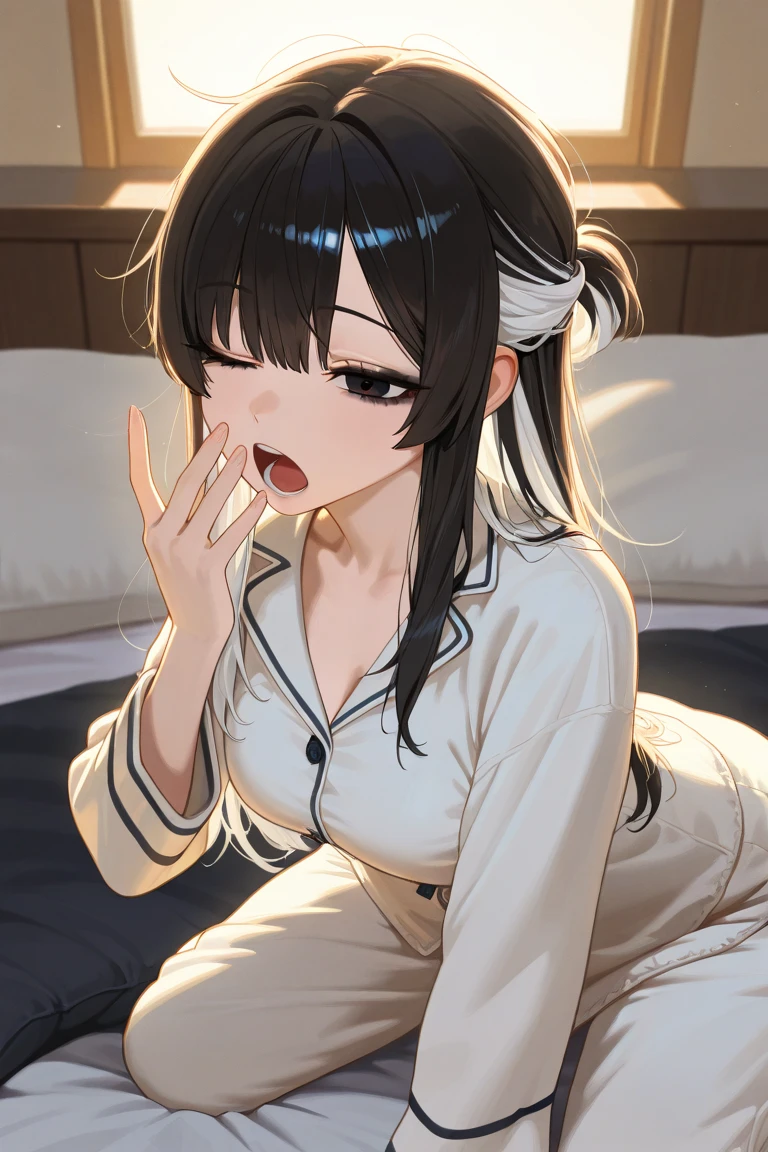 Sexy woman, next door neighbour, black hair, messy bun, seductive look, blushing intensely, flustered, lustful, seductive pose, white see through shirt, black bra, white pants, barefoot, very sexy, so hot, lying on bed