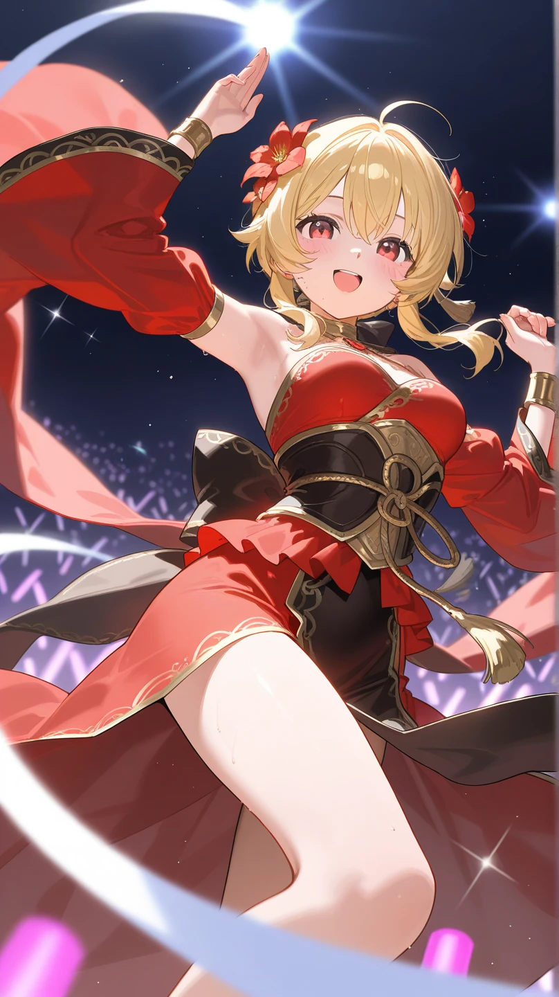 masterpiece,best quality, ultra-detailed,1girl(sakurai momoka, lovely small breasts,  glow skin, wavy hair, long hair, blonde hair, headband, pink flower in hair,green eyes, ), smile, open mouth, glow lips, head tilt, solo, red dress, ornate dress, frill, cleavage, bare shoulders,  long gloves(red), bows, garterbelt, white thighhighs, in the stage, dancing, sexy dancing, Sexy waist teasing, mike grab, sing , singing 