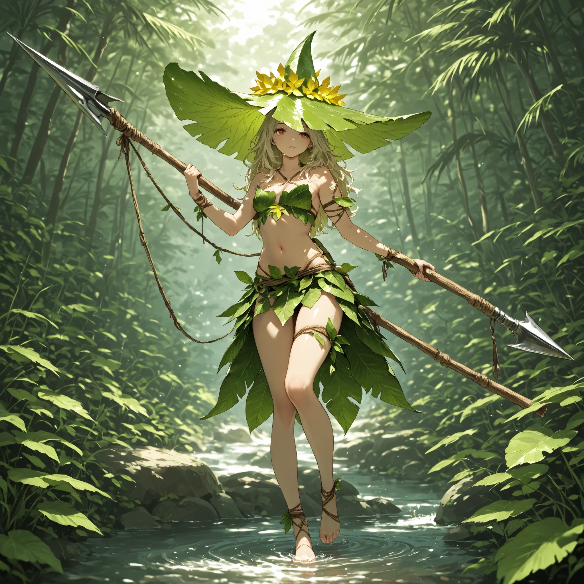 fantasy, 1forest_elemental_girl, fighting, (using_leaves_clothes, green_leaves_covered_breasts, leaves_covered_pussy)+++,medium_breasts,dynamic_pose_standing, light_smile, sleepy, medium_hair, navel,(dark_skin)+, oil, (winding_vine_around_torso)++, plump,forest, trees_background, leaves_headgear, green_leaves_cape, hold_large_long_staff, thighhighs,