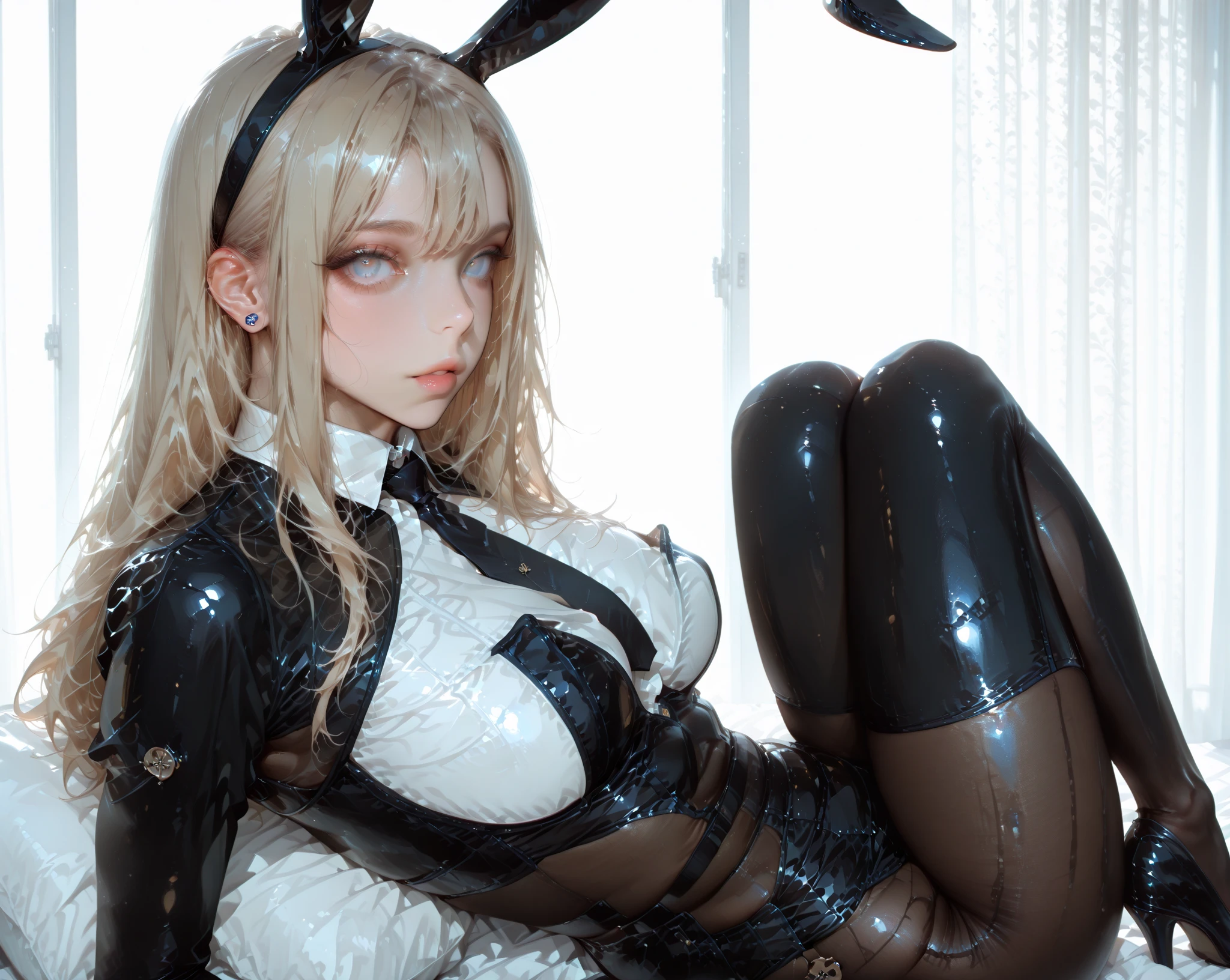Big girl metallic red Playboy Bunny Casino wearing fishnet stockings and high heels and holding a tray of drinks