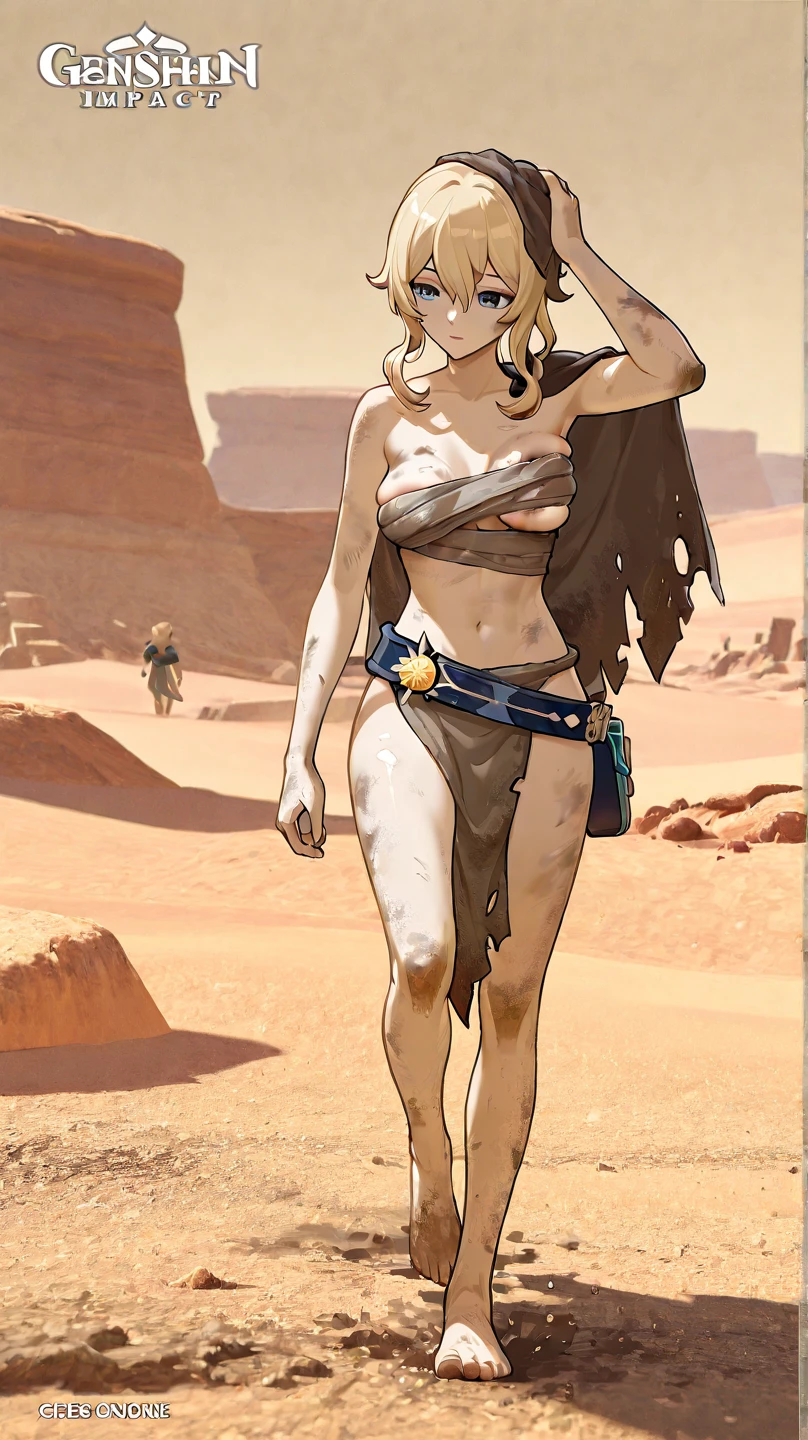 (sag)(Cate Blanchett, age 25, age 25, British Expedition hat on ground, Sheer white top torn open, Sheer green dress torn open, no underwear, tablet on ground, recoiling in fear, battered and bruised), desert ruins with hieroglyphs, a lesbian mummy (gorgeous female stripper covered in glyph tattoos and dingy bandage)