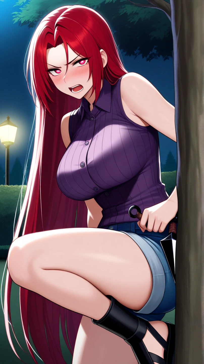 anime_still, masterpiece, best quality, 1girl, Gasai Yuno, long hair, pink hair, low twintails, smile, naked, red eyes, (large breasts:1.5),1girl, black choker, dark grey, (overalls:1.25), leather gloves, black boots, ((nigth:1.5)), (chasing you through the woods BY yuno gasai), moonlight, blood on floor, horror scane, (evil smile:1.4), (evil eyes:1.6), (horror_movies:1.5), (woods:1.6),(dark:1.7), (out_boors), (blood on hands:1.5), (blood stain:1.25)
