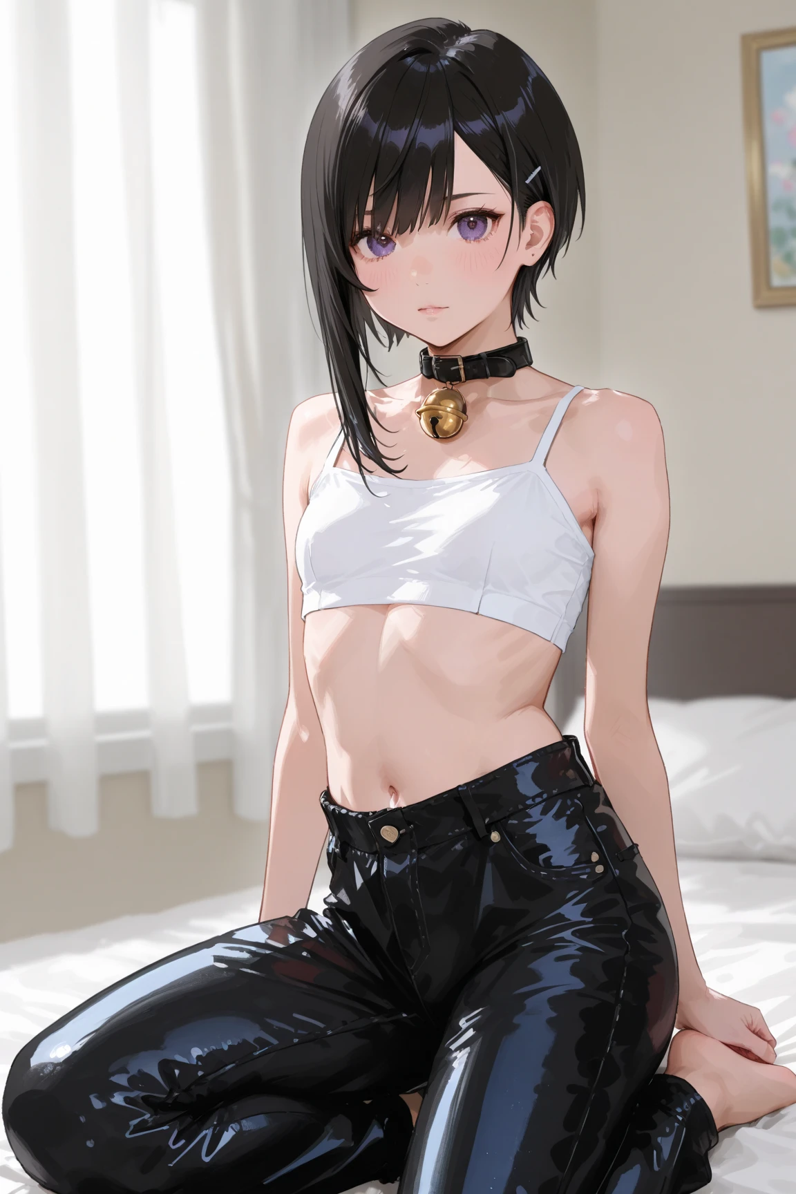 4K, masterpiece, 8 K, high quality, 最high quality, in the house, in the room, room background,Short black hair, Gathered in two tails,Iris,blunt bangs,freckles,very short,shorts, skin tight shorts, camel's foot,embarrassing,barefoot,very small ass,Very thin hips,Small photo frame,flat chest,short denim shorts,Open flight,Tsundere,printed t-shirt,Navel, Accurate and detailed beautiful female fingers, I don't wear a bra because it's uncomfortable, I don't wear panties because I don't want to
