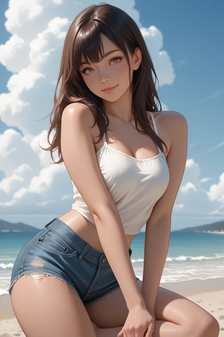 ((Extremely exposed))(High-definition image quality)極Realistic skin texture、High definition face(brown、Very long straight hair、Hair behind the ear、Beautiful moist brown hair、Smooth Hair)((Bright smile))、Gaze(sexyな25歳の女の子、Idol Makeup、Eyeliner)(Fair skin)(Sparkling eyes)Smooth Skin、Realistic skin texture ((Oversized T-shirt、Short length、Cleavage) ((Ultra short denim shorts、damage、Super tight、small、Bite、Unbutton、Ultra low rise、))))Beautiful armpits、On the position of the chest、Round big breasts、Beautiful valley、Ultra-thin waist、Waistline、Long legs、Glitter High Heels((((Seaside cafe during the day))))(((((Medium Full Shot、sexy))))))Erotic and bold pose-shaped legs
