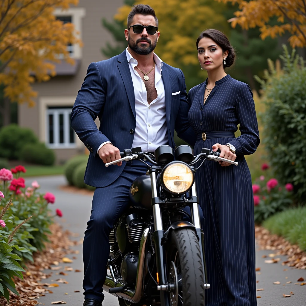 Couple in rain ((handsome husband and beautiful busty wife))wet white clothes,rain, motorcycle, full body 