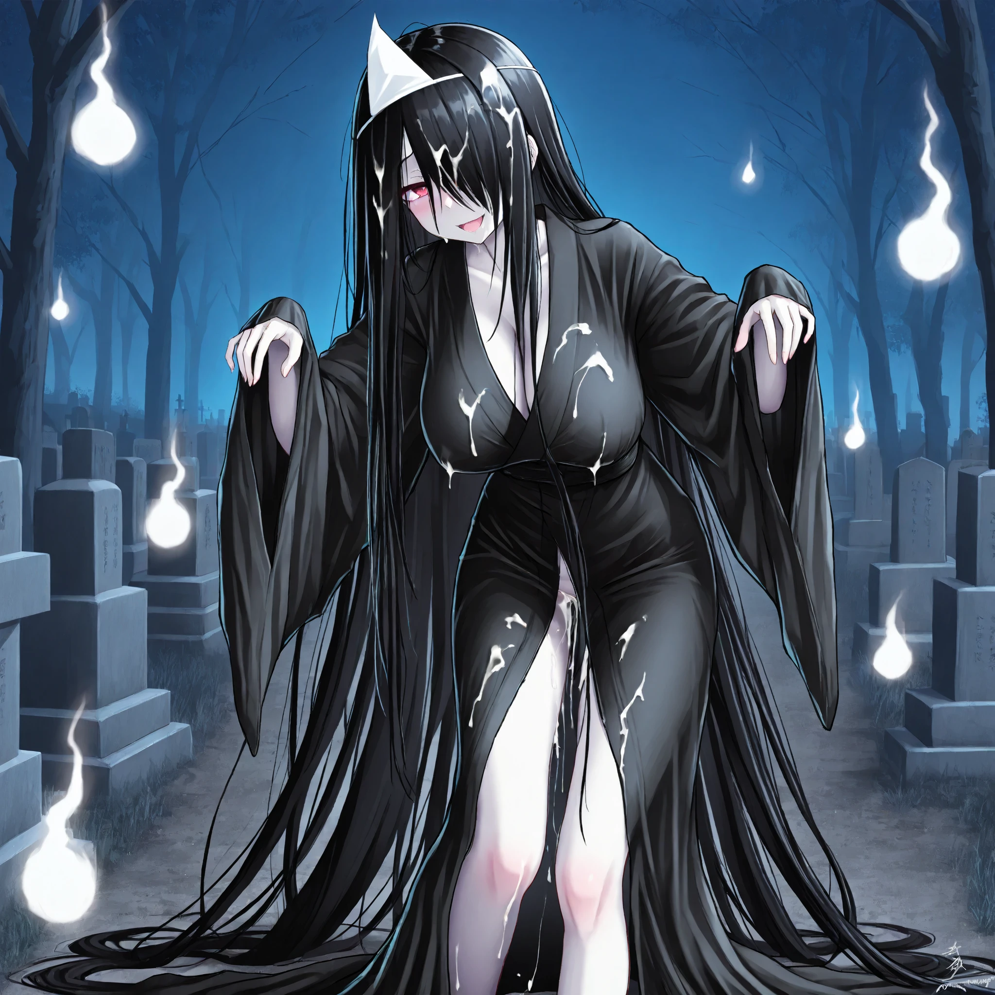 Satoshi art style, Thicc ghost girl, looking at viewer, dirt body, wet pussy, fluids falling on the ground, standing, wet folds, small liquid on the floor,  gigantic long black hair, perfect hair, straight hair, completely pale skin, bright red eyes, scary facial expression, background of dark abandoned place, dust on the floor, rotten wood, exposed body, nsfw, hentai, lewd scene, horror scene, highres, ultra-detailed, (best quality,4k,highres,masterpiece), ultra detailed shadows, very dark room, glowing eyes in the dark, dark scenery, detailed lips, detailed eyes.