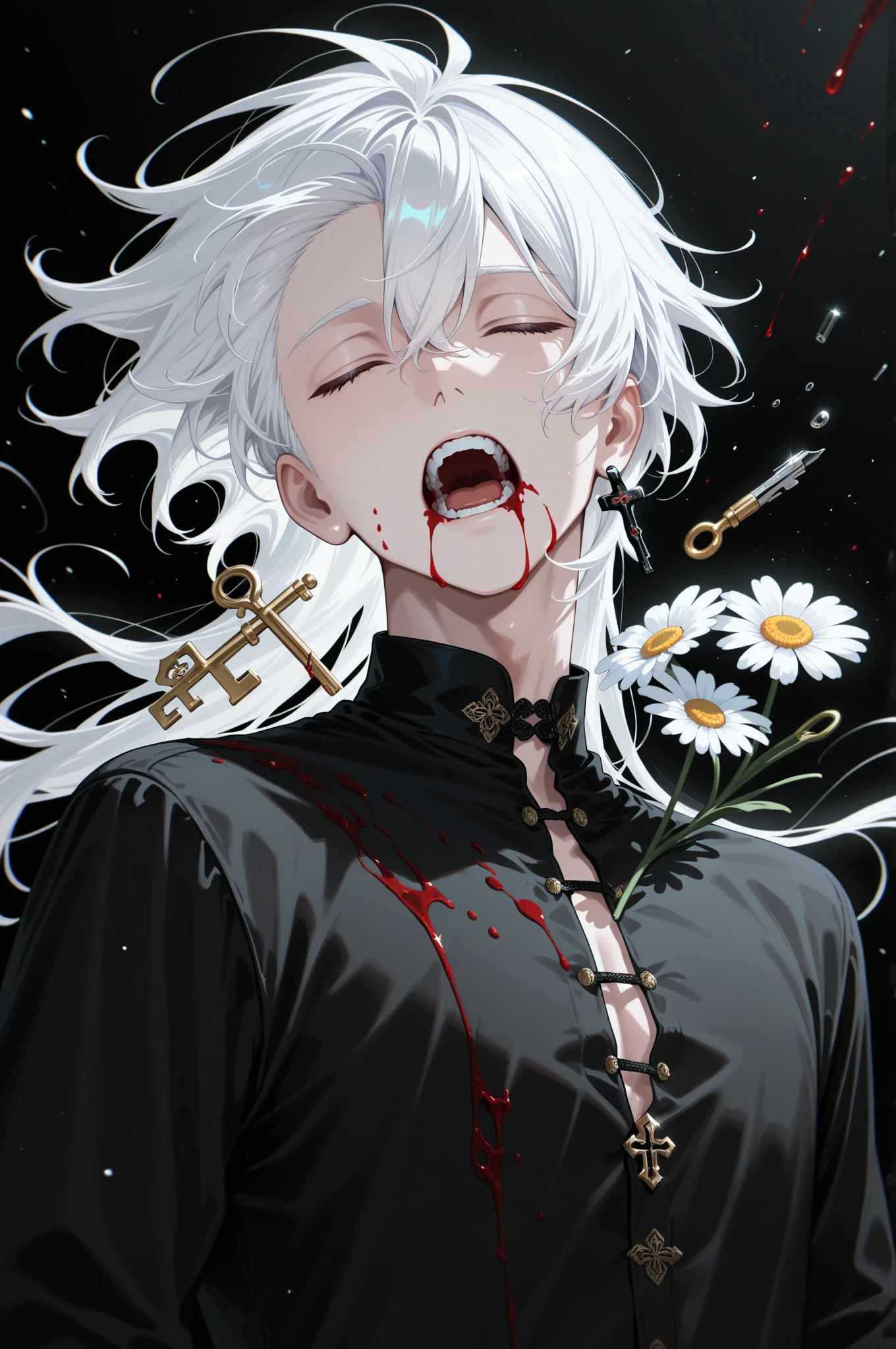 short hair boy, pale skin, white hair, removing a sword from your chest, menino com expression of pain, expression of pain, taking a katana out of his chest