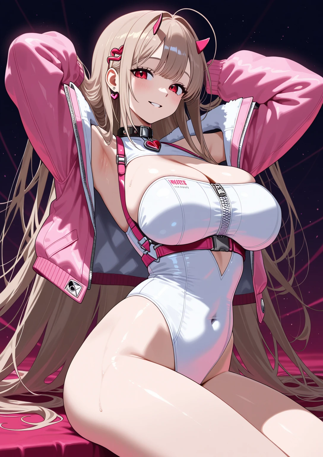 Very detailed、Highest quality、Best image quality、masterpiece、8k、 (Big Breasts:1.5、topless、only breasts are in full view :1.5、bare breasts:1.5 、bare nipples:1.5、necklace)、(shoulder-length blonde hair、Medium Long Hair)、(smile、Open Mouth) 、(Hilarious)、(Big eyes)、(Beautiful and shining eyes)、(Detailed anime eyes)、(Puffy eyes)、、((SFW Huge Body))、Cowboy Shot、(highleg panties:2.0)、horn