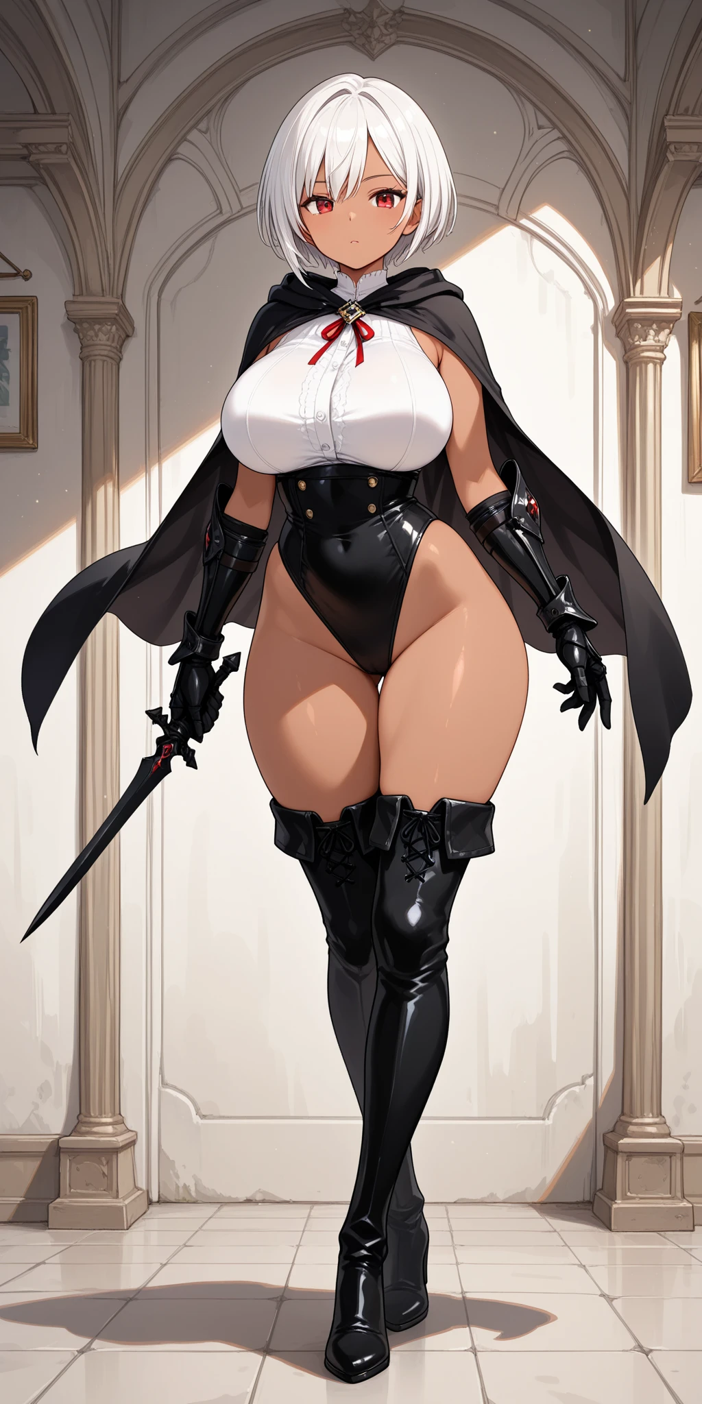 dark fantasy anime illustration of a (mature MILF BIMBO albino skin and short white hair), (FULL BODY) perfect face, wearing tight leather stealth armor, stalking, BIG KNOCKERS CLEAVAGE, lustful smirking smile red blush red cheeks, chain leash, kneeling, shackles, leather black collar slave, ((BLACK background)) hands on glass WITH KNOCKERS on glass, glass window fog water drop, 5 fingers each hand, metal handcuffs, black choker collar, thighhighs, long legs, metal ankle, metal sandals, metal shoulders, standing straight symmetrical against glass
