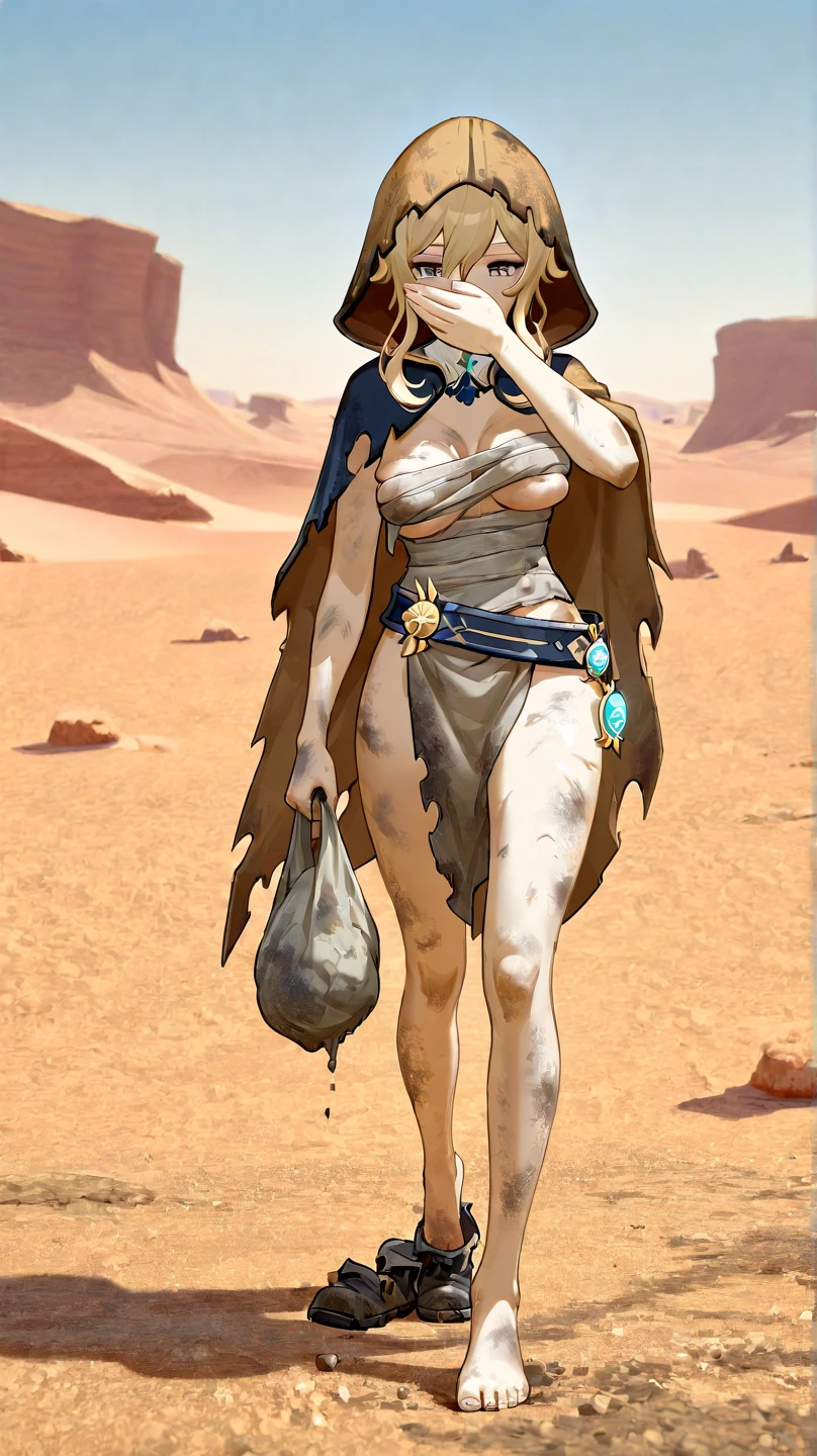 (sag)(Beverly Crusher, age 25, age 25, British Expedition hat on ground, Sheer white top torn open, Sheer green dress torn open, no underwear, tablet on ground, recoiling in fear, battered and bruised), desert ruins with hieroglyphs, a lesbian mummy (gorgeous female stripper covered in glyph tattoos and dingy bandage)
