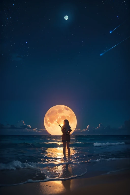 "((fantasy art)) featuring an alien girl, immersed in a heavenly symphony, clouds turn into bright splashes, flowers are scattered, like notes in the wind, visual orchestration of color and wonder" night , full moon very detailed, Dynamic, Cinematic, deafening, Realistic lighting and shadows, ,tanned skin, On the beach in a bikini
