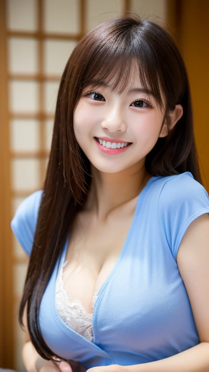 masterpiece,best quality,(Japanese girl),((Beautiful girl)),cleavage,(off shoulder:1.2),(perfect body beauty:1.2),(shy smile),beautiful teeth,From slightly above