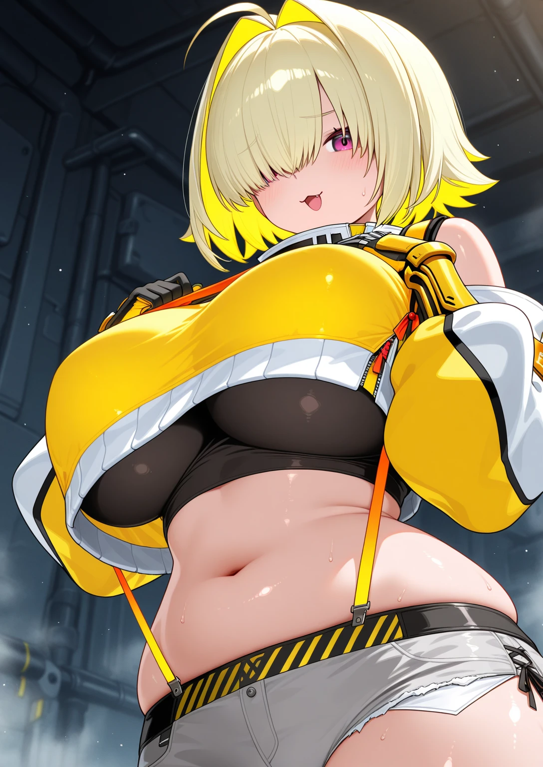 "(best quality, masterpiece:1.2) | detailed eyes:1.2 1 Female (Dynamic Angle, point of view, short hair) Yellow hair, shirt, open sweatshirt, Knee socks, 14 years, very cute, detailed, masterpiece."Naked trench coat (Huge breasts:1.2),Moist skin((rogue))cool atmosphere,Glowing skin,Large Breasts, Large Breasts, M cup