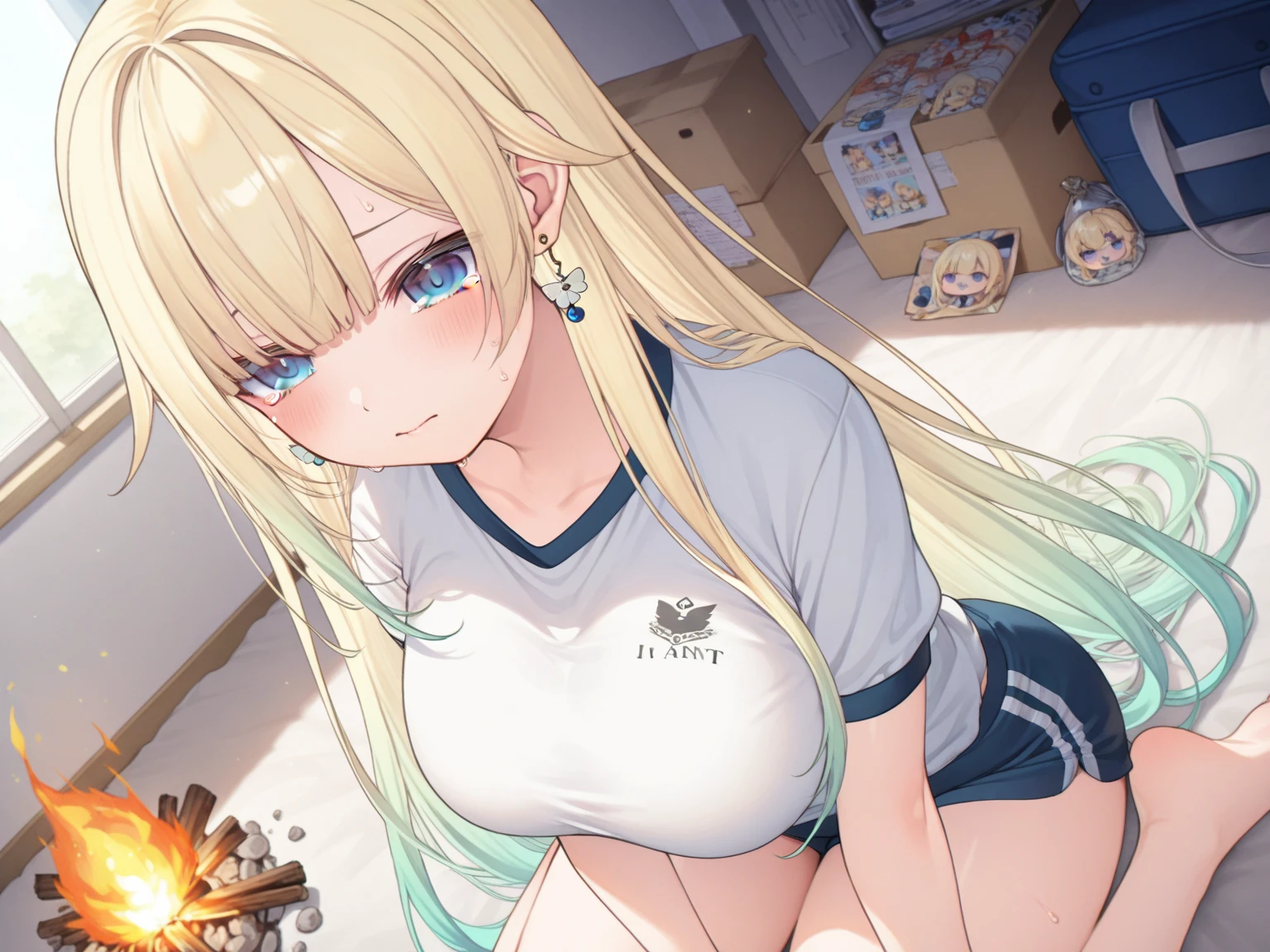Sex doll in work clothes sitting on bed