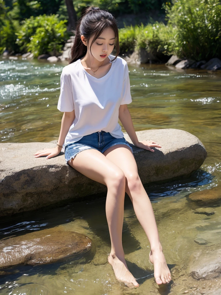 a lot of details, (slender waist), 30 years old, detailed black hair, beautiful detailed hair, super fucking beautiful, complex details beautiful and delicate eyes, perfect hands, (small breasts best quality), perfect and delicate limbs, detailed skin, best quality, ultra-detailed,
river, motorcycle, delightful, cheerful grin, sitting, looking at viewer, (green long-sleeved t-shirt), (white mini skirt), (sitting in a camping chair by the bonfire:1.5), japanese, Joyful Scene, with a river, in the evening, hazy atmosphere, (full body shot:1.2), from side, golden hour, telephoto lens