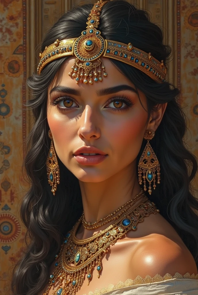 Portrait of a young, seductive, extremely beautiful and attractive Arab woman, cheerful, detailed face, red lipstick, in front of a desert city, long curly hair, short clothes and golden jewelry, close-up, royal pose and attitude.