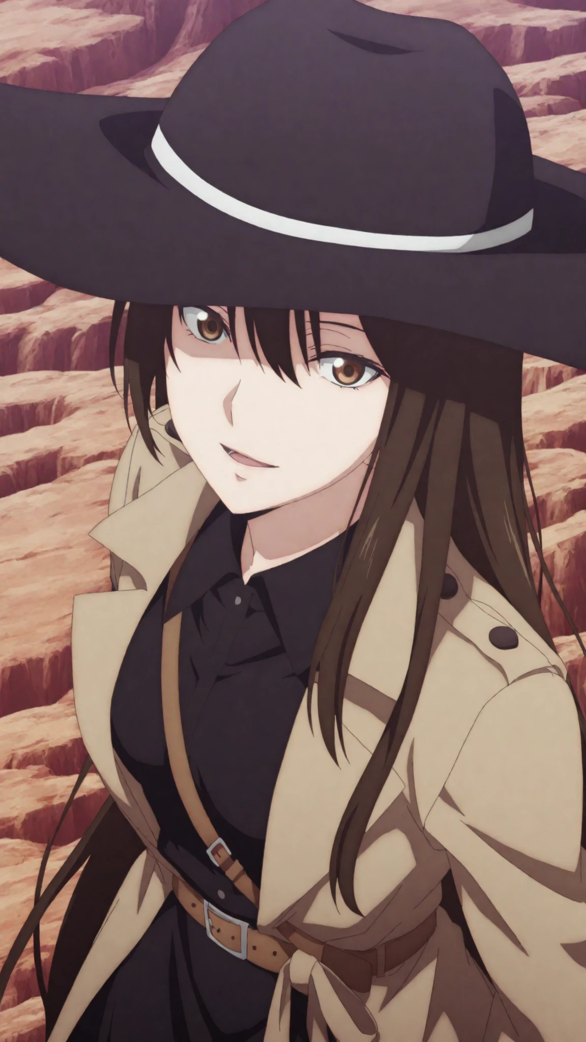 kazuki,ishura
High quality , best quality , masterpiece, High Resolution ,,anatomically correct,,anime Coloring
solo, 1 girl, Beautiful women, adult women, cool women,
, very long hair, brown hair, brown eyes,, black Wide brim hat , hair between eyes ,small breasts
, black long collared dress ,black long skirt,long dress ,center frilled, brown trench coat(close coat,brown Cloth belt,
looking at viewer ,close up,upper body,face focus,face zoom,from above
, mountainous district, on the canyon
,open mouth, sirius face,light smile,,