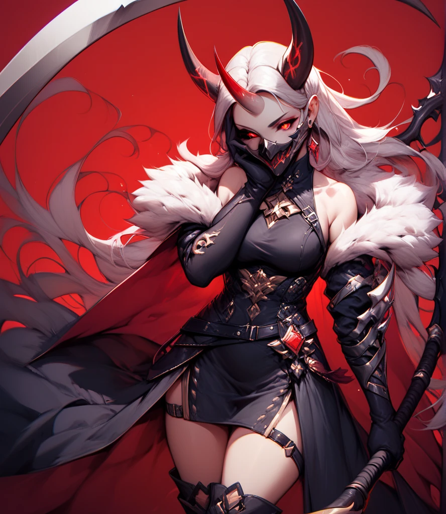 Mature girl ,Red eyes,white hair,Undead warriors,The undead,Europeans,enchanted,Pale skin,Mask mask,Long white hair,Red eyes,Gorgeous accessories,masterpaintings,sexy cleavage,Broken armor,Slender,Parted bangs,Stone building in the background