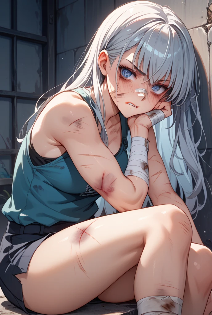 neat black sleeveless, yellow eyes, dark gray hair, light blue petals, shorts, ((high quality)), lap belt, light blue harness, wan, Injured, woman alone, long hair, Full of scars, Red paint on arms, sweat, woman alone, flower on arm