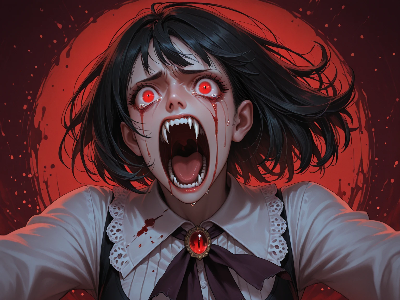 Masterpiece, A spectral zombie woman,(Best quality, highly detailed, beautiful and aesthetic:1.2),(delicate and beautiful),(ultra highly detailed CG illustration),(girl:1.1),(red eyes)(big nose:1.2),(beautiful face), (angry, furrowed eyebrows),(mad,feral:1.2)wearing school uniform, shorts skirt,(bangs,short hair), beautiful zombie, white skin, young woman,woumd sinthetic,(covered), (nightmare setting, outdoor,moon lighting),(illuminated with blood),crawling with four limbs,walk, quadrupedal walk on the road,lonely,bloods:1.2,surgical suture:1.3(masterpiece, best quality, highres:1.2), (photorealistic:1.4), (intricate and beautiful:1.2), (beautiful detailed eyes:1.2), (detailed light:1.2), (soft lighting, side lighting, reflected light), (intense orgasm), 1girl, 21 years old, chocolate brown side part, grey eyes, nsfw, (ahegao face, rolling eyes:1.3), wide open mouth, long (wet) tongue, drooling, light smile, (blush), small breasts, detailed nipples, skindentation, (lustrous skin:1.2), (realistic skin texture:1.2), head tilt, (v arms:1.3), (breasts squeezed together), (upper body), (HDR:1.3), (red background), (shirt lift:1.3)