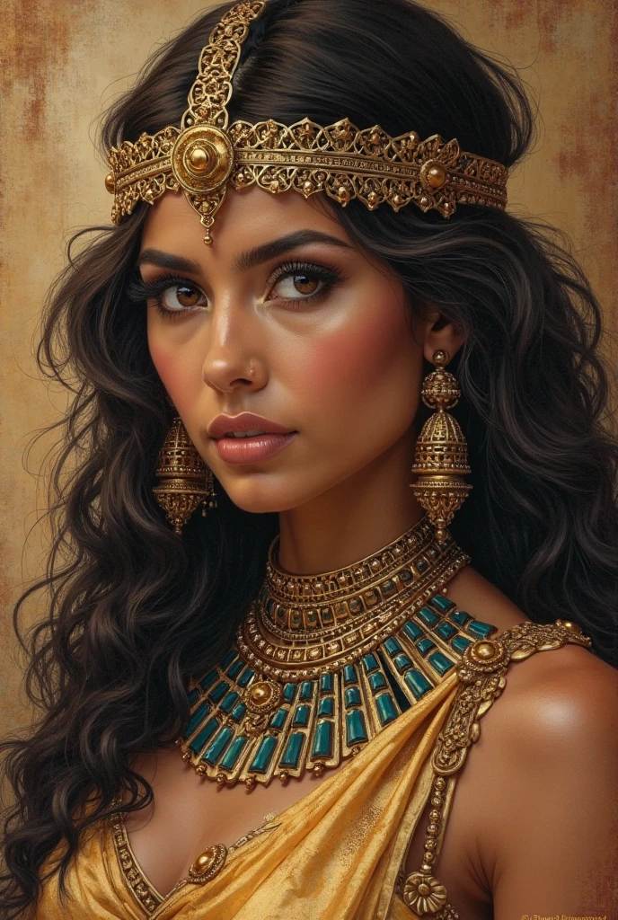 a brunette Egyptian woman with long hair, greeneyes, outlined, golden clothes with lots of jewels