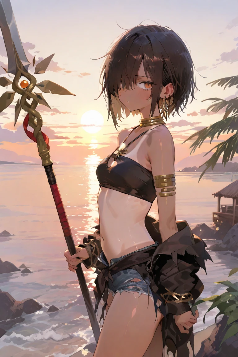 One Girl, solo, Genshin Impact,walnut , masterpiece, highest quality, Realistically, Super detailed, (Glossy Skin, Sweaty:1.4), View your viewers, Short black hair, Brown-eyed,Thinness,Dynamic light and shadow,High resolution,Sharp focus,Depth of written boundary,The eyes are delicate,Sharp pupils,Student,(Thick thighs:1.0),outside of home,Sky Sky