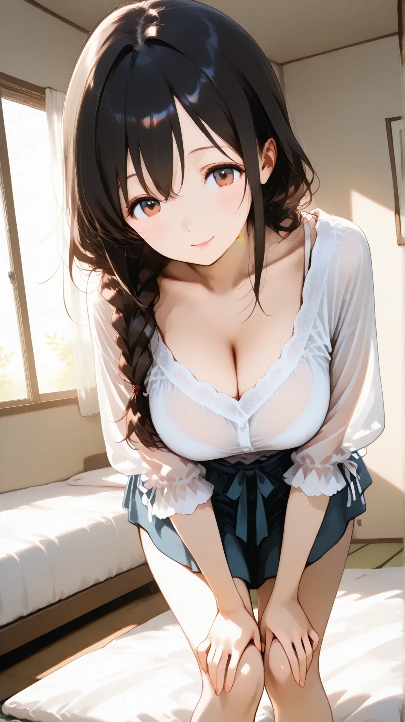 ((Highest quality)), ((masterpiece)), (detailed), One person,Age 25,(White knitted sweater),(mini skirt),Shoulder Bare,Big Breasts,blush,Underbust,(Her cleavage is visible),(Excited expression),(Seduce),night,indoor,Dim lighting,(In a dimly lit room),(In a messy room),Browsing Caution,sexy,dirty,Sweat,(Black knee-high socks),