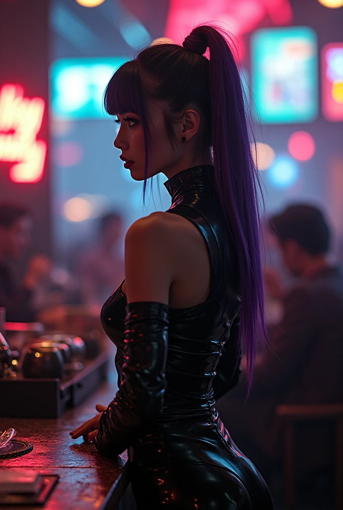 woman sitting at the counter of a futuristic cyberpunk bar wearing futuristic clothing and cybernetic arm leaning on counter holding a drink and cigarette, mad-neon-noir  <lora:Neon_Noir_FLUX:0.7> magenta neon signs "NEON NOIR by maDcaDDie",